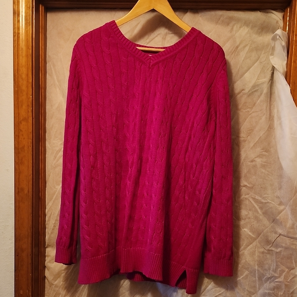 Woman Within Fuchsia V-Neck Cable Knit Sweater